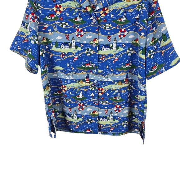 Bon Worth Vtg Nautical Blue Lighthouse Shirt Beachy Coastal Grandmother Aloha MP - Picture 4 of 12